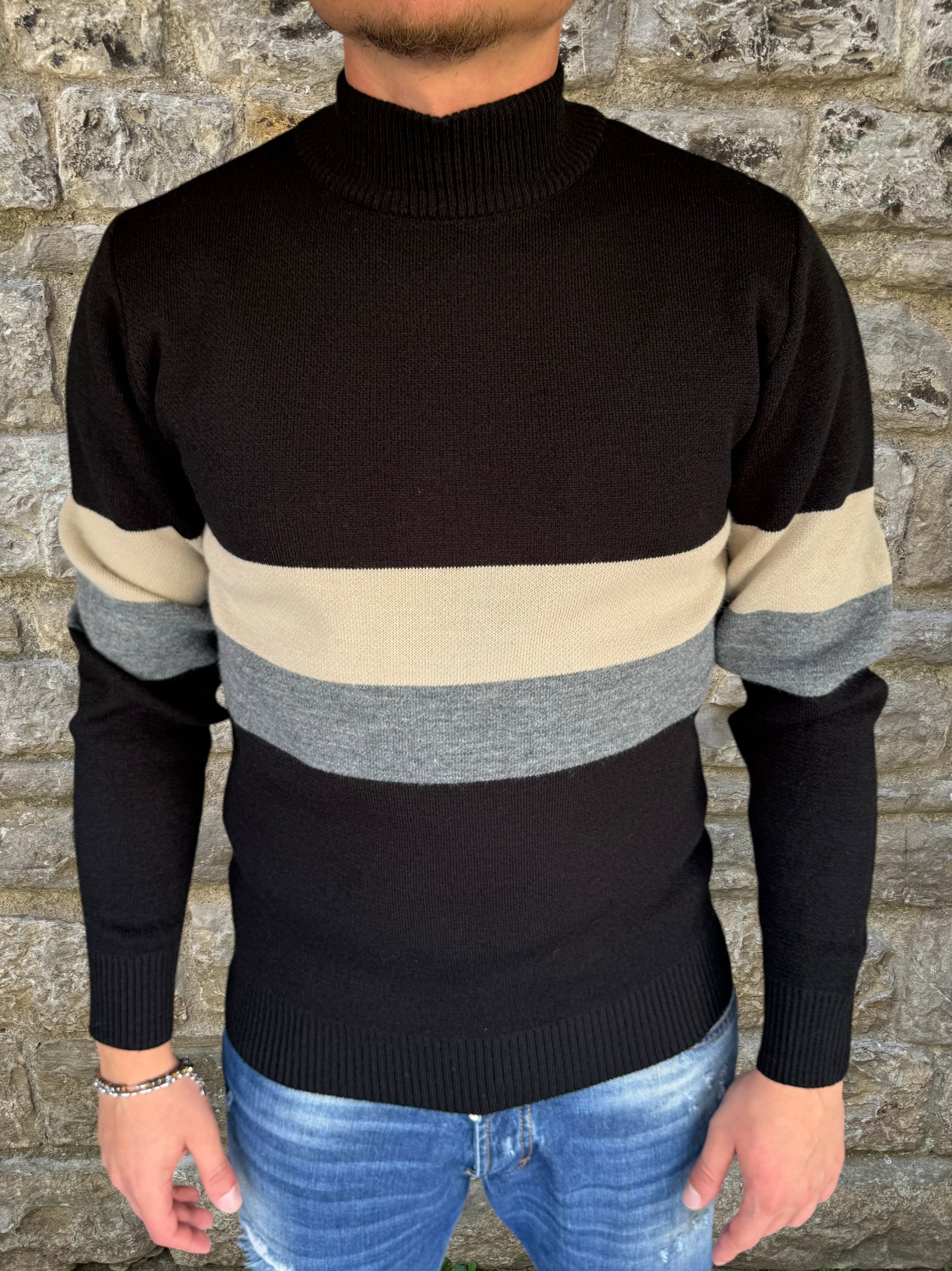 MAGLIONE LUPETTO FASCIATO MA1033 TELAMIRA NERO