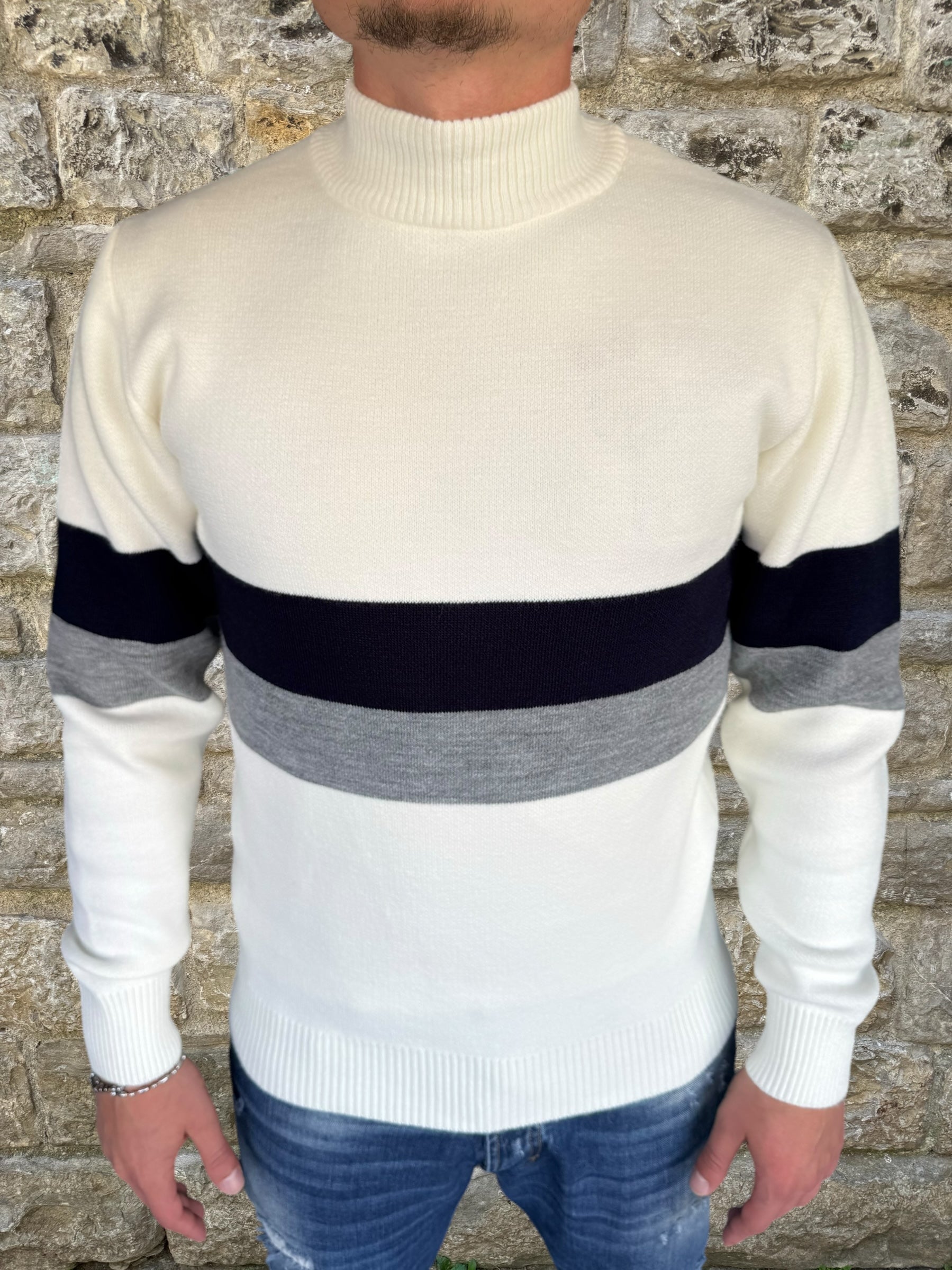 MAGLIONE LUPETTO FASCIATO MA1033 TELAMIRA PANNA